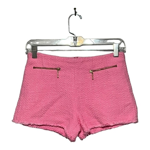 Zara Bouclé-Shorts Gold Zipper Closure XS Pink Structured Tweed Fringe Trim - Picture 4 of 7